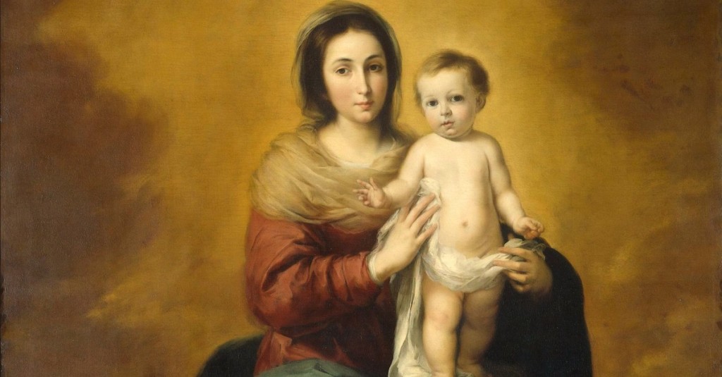 The painting of a young woman holding a standing toddler boy in front of her