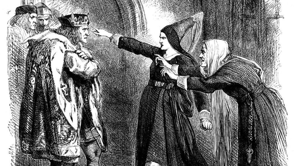 A black and white historical drawing of a king being pointed at by his queen and an old woman