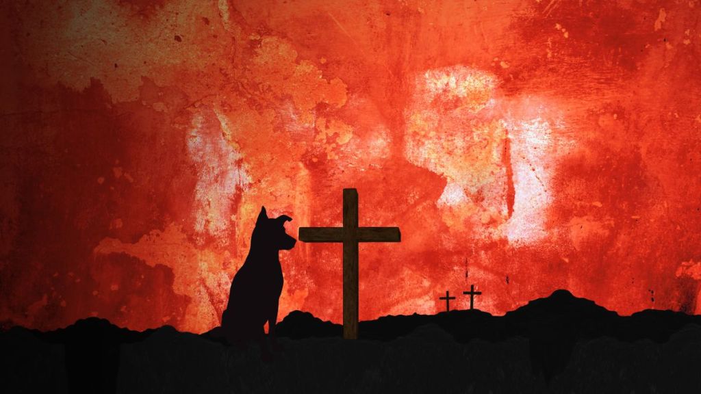 An abstract image of a cross against a red backdrop and a silhouette of a dog next to it