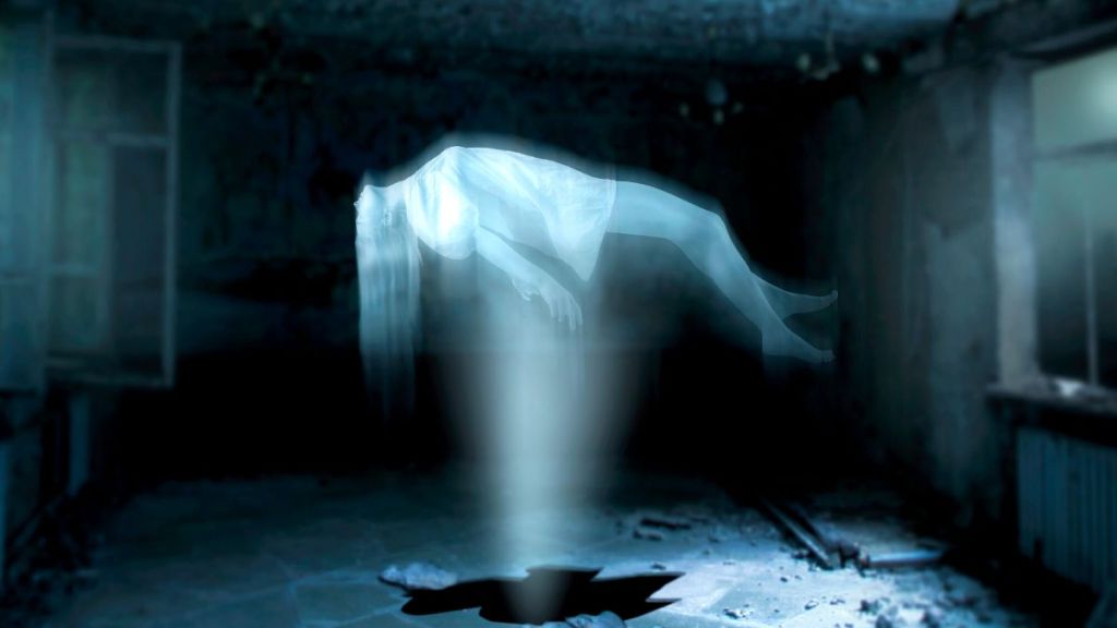 The soul of a woman floating up from a broken piece of floor